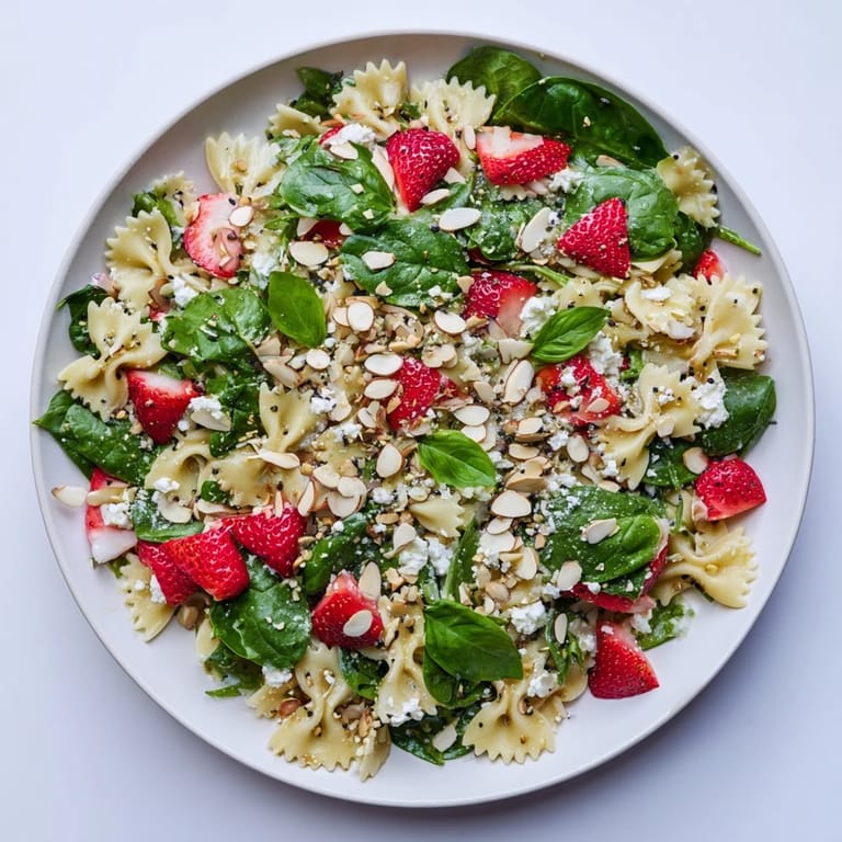 In a bright kitchen, fresh ingredients for the Spring Spinach Strawberry Pasta Salad are arranged on a wooden cutting board. Sliced strawberries, spinach leaves, and a jar of poppy seed dressing are ready for assembly.