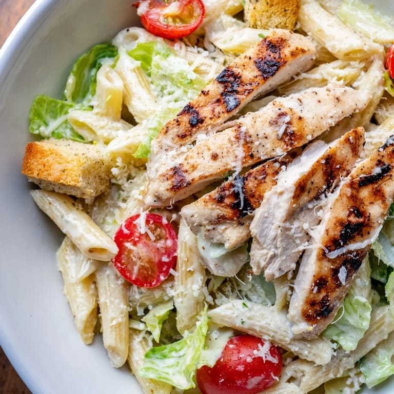Creamy Caesar dressing coats al dente pasta, tomatoes, and parmesan in a hearty, warm chicken bowl.