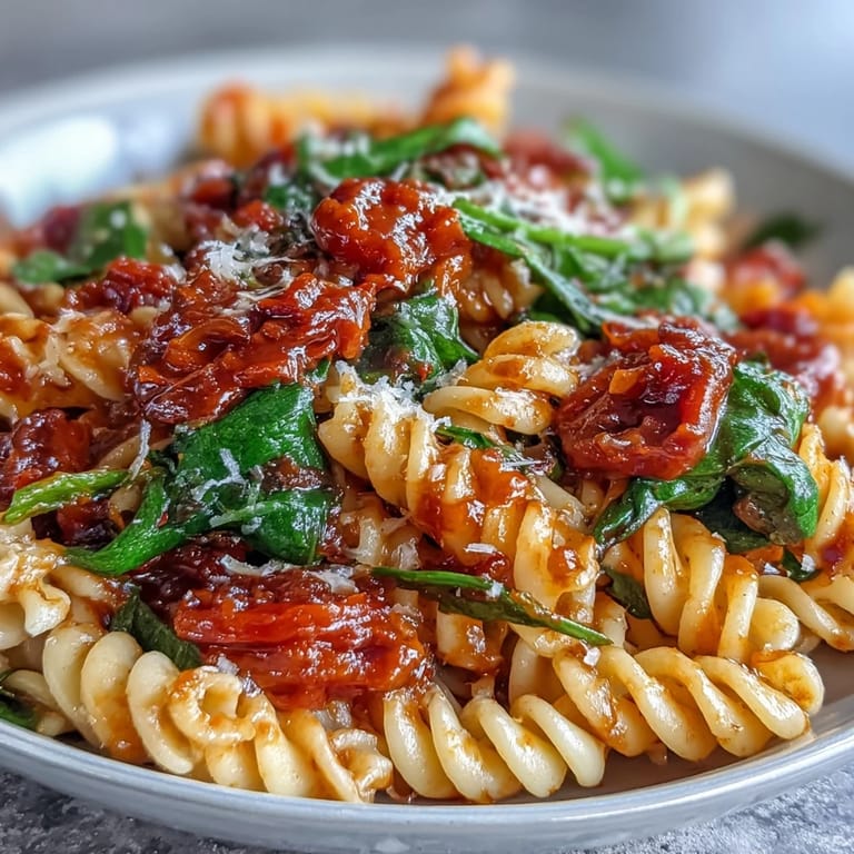 Steam rises from a hearty pot of Tomato Spinach One-Pot Rotini, showcasing tender rotini coated in a savory tomato broth.