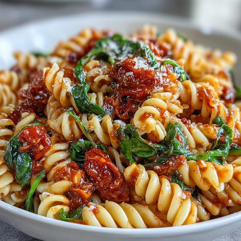 Ready-to-serve Tomato Spinach One-Pot Rotini garnished with fresh spinach leaves and Parmesan cheese, paired with crusty bread on a rustic table.