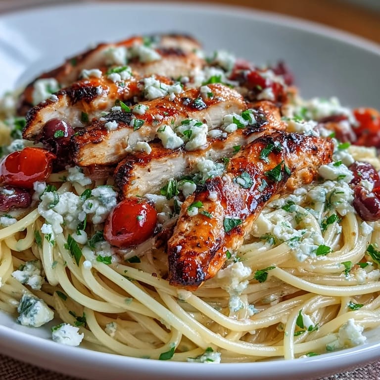 Hearty Greek Chicken Spaghetti featuring tender chicken and a bright Mediterranean flavor profile.
