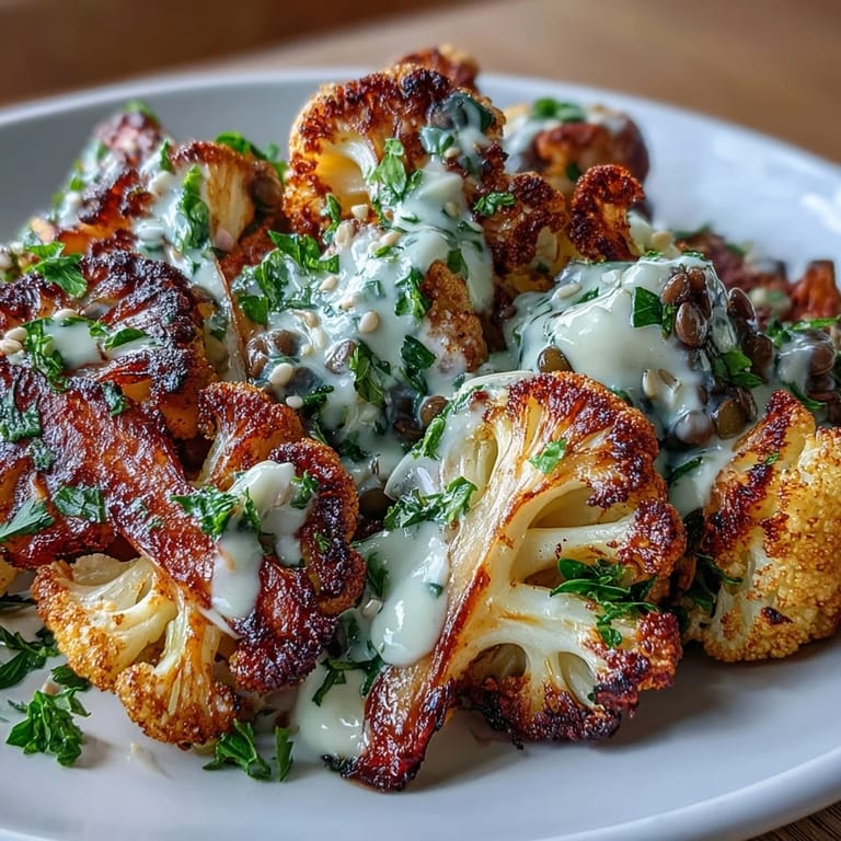 A platter of roasted cauliflower with lemon lentil cumin tahini yogurt is served with lemon wedges, parsley, and sesame seeds for a vibrant, gut-healthy vegetarian dinner.