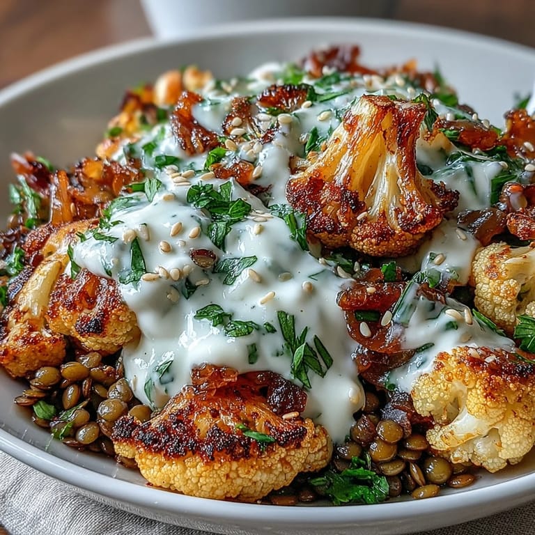 Tender roasted cauliflower sits atop warm lemon lentils and tangy cumin tahini yogurt, garnished with parsley and sesame seeds, ready to serve for an easy weeknight meal.