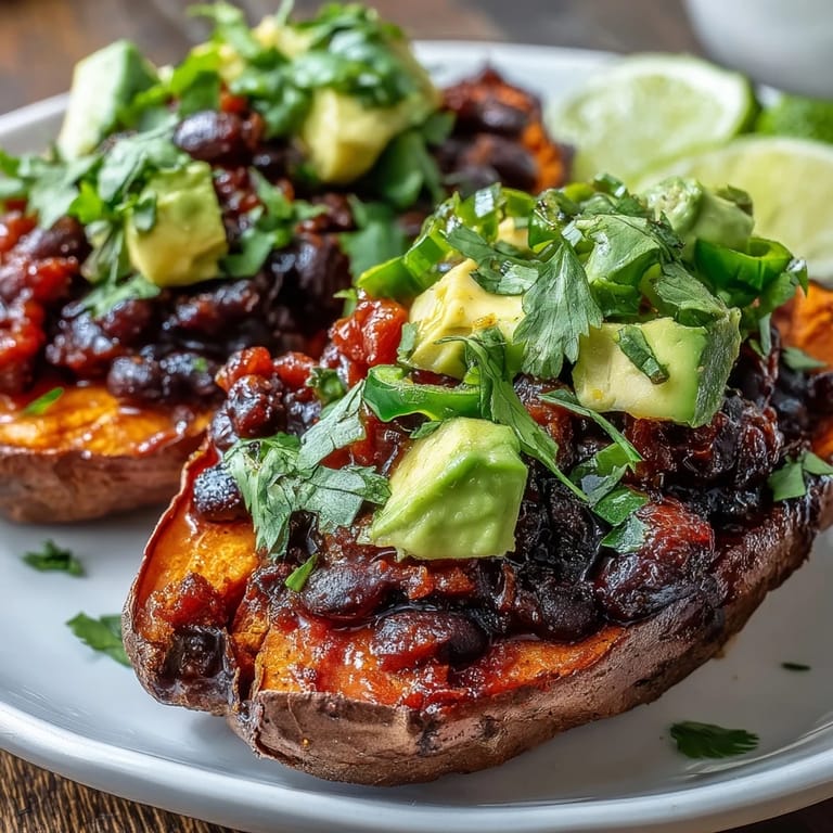 Fully assembled roasted sweet potatoes with chipotle black beans and zesty tomato salsa garnished with avocado slices.