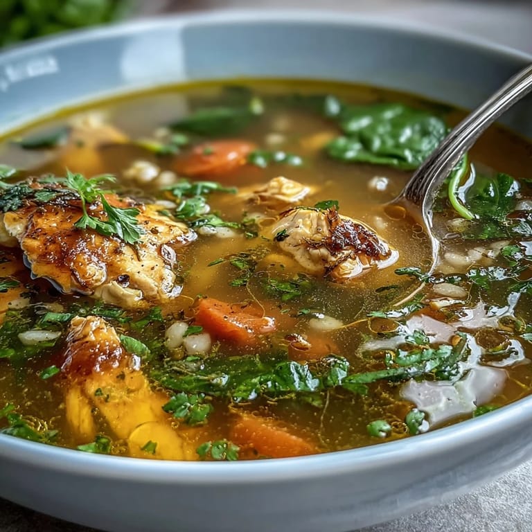 Creamy broth in this Soothing Turmeric Chicken With Pearl Barley recipe shows pearl barley, zucchini, and wilted spinach.