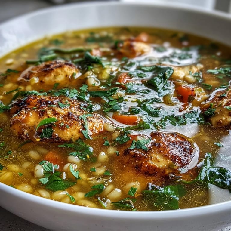 This vibrant Soothing Turmeric Chicken With Pearl Barley is served hot with crusty bread, ideal for a cozy meal.