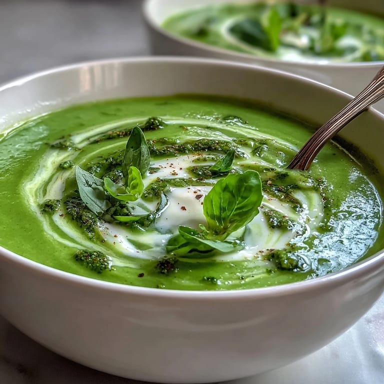 Smooth green Courgette, Pea and Pesto Soup topped with crème fraîche and basil, a fresh spring dinner idea.