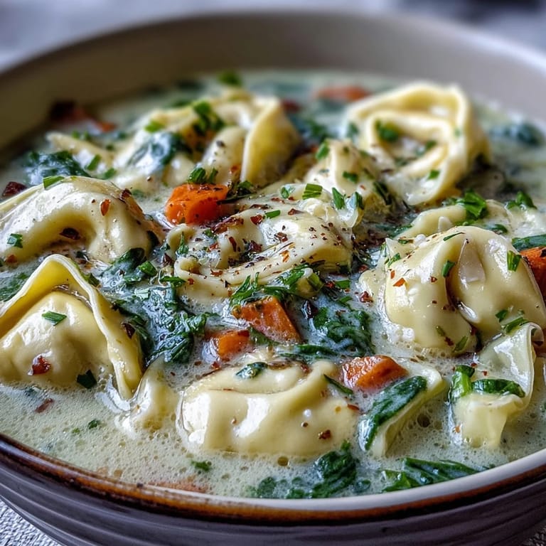 Easy Tortellini Soup With Chicken Broth is served steaming in a rustic bowl, garnished with fresh parsley and grated Parmesan cheese.