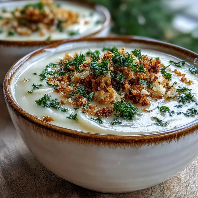 Close-up view of creamy Celeriac Soup With Hazelnut Crumble, highlighting the smooth texture of the roasted celeriac and the crunchy hazelnut topping.