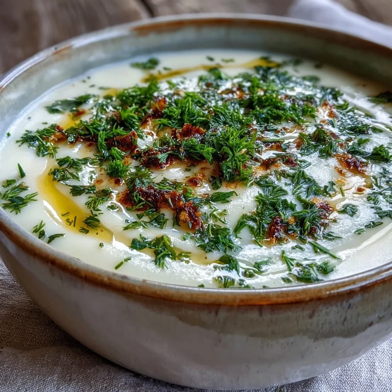 A bowl of vibrant parsnip and herb soup, highlighted by fresh dill and a drizzle of olive oil.