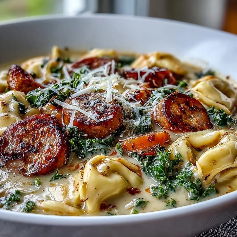 Hearty pumpkin tortellini soup with chicken sausage and kale beside a slice of crusty bread.
