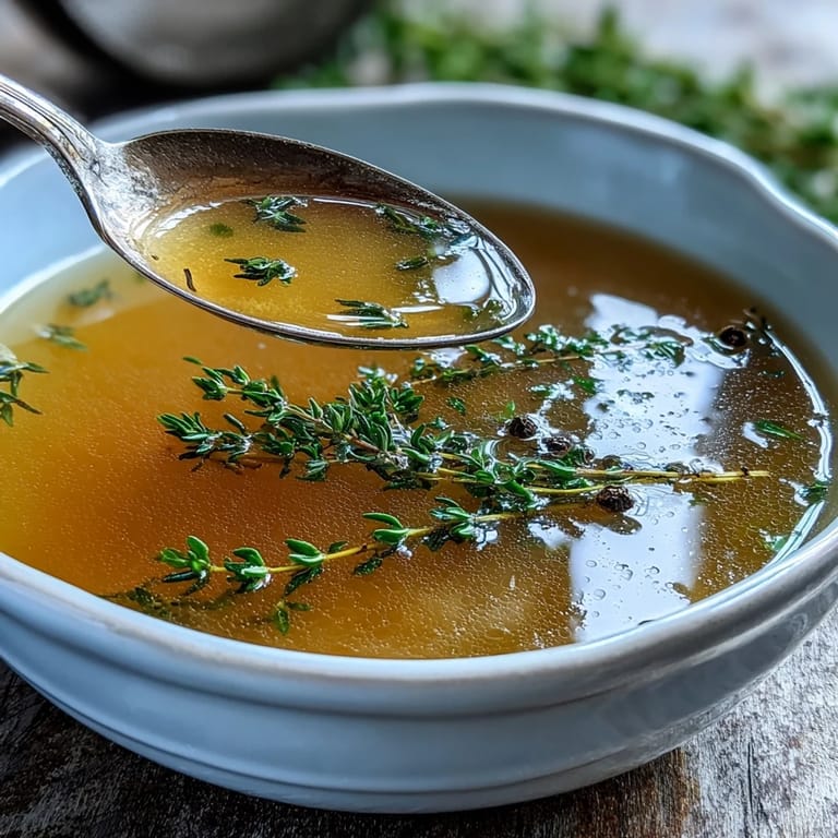 Homemade vegetable broth from scraps in a rustic bowl garnished with parsley and cracked black pepper.