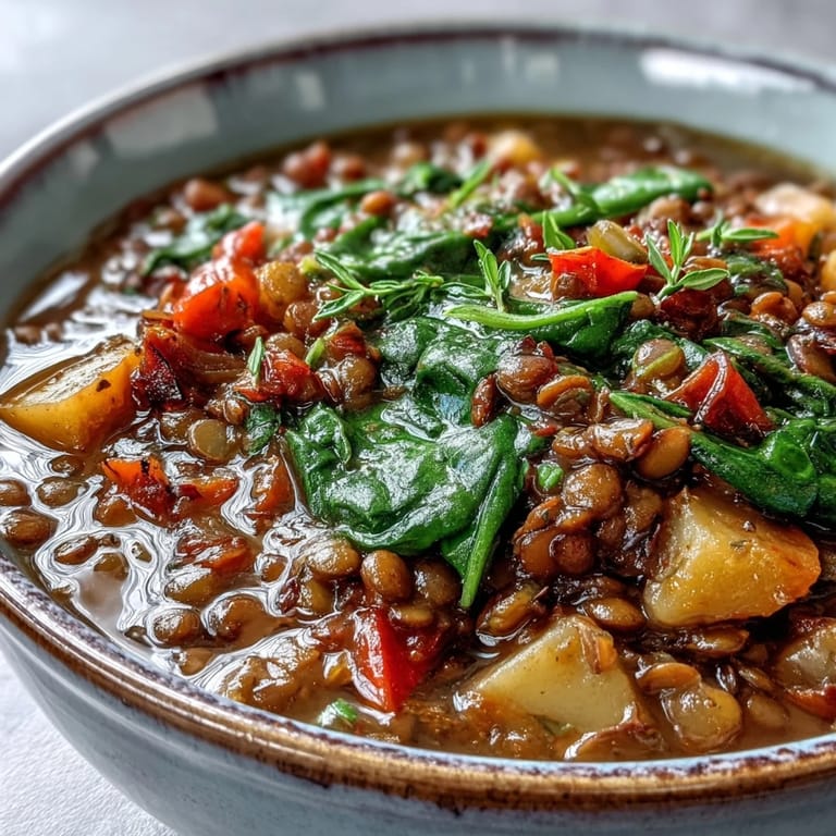 Vegetarian Lentil Stew simmered with potatoes and kale, garnished with fresh parsley and a bright lemon wedge.