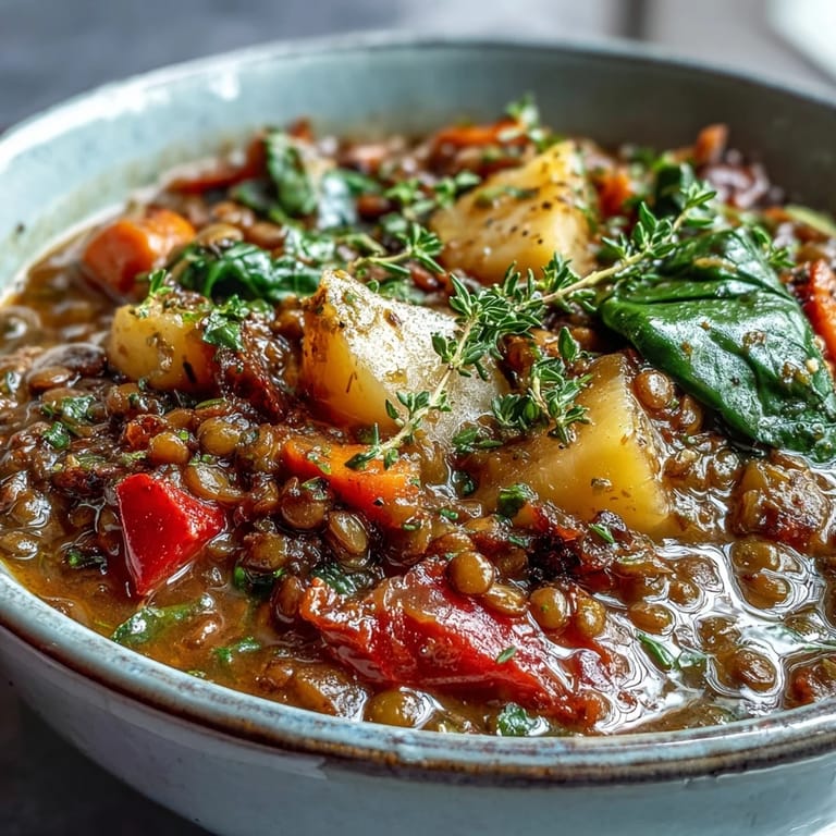 Close-up of hearty Vegetarian Lentil Stew served with crusty bread for dipping into the savory, plant-based broth.