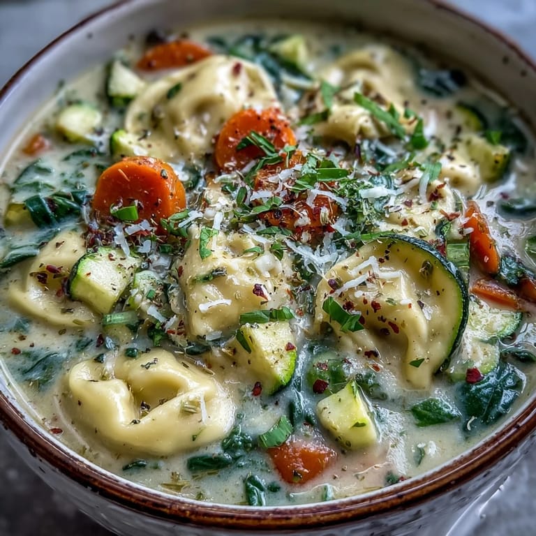 Colorful medley of carrots, celery, and spinach swimming in a rich, creamy broth with cheese tortellini.