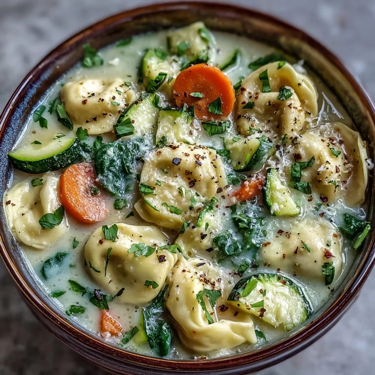 Comforting Creamy Vegetable Tortellini Soup served hot alongside crusty bread for a weeknight Italian-inspired meal.