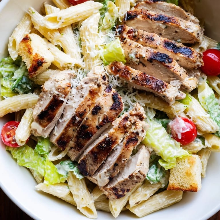 Cool pasta salad style serving option is visible, with romaine, cheese, and croutons around tender chicken.