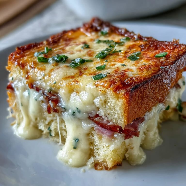 A rustic white baking dish holds layers of ham, buttery bread, and creamy béchamel.