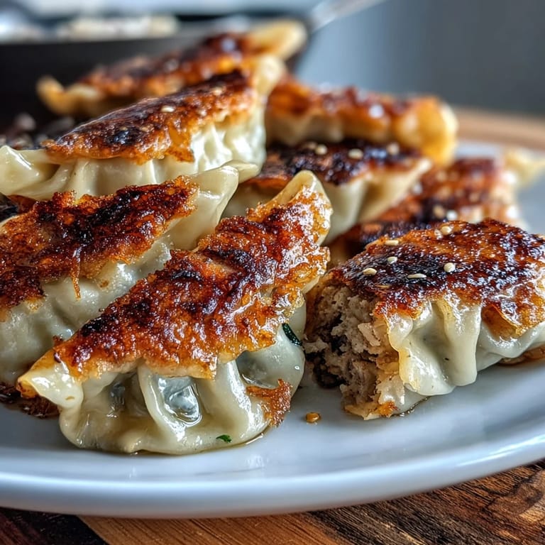 Pleated Smash Dumplings with golden, crunchy bottoms arranged neatly on a white serving plate.