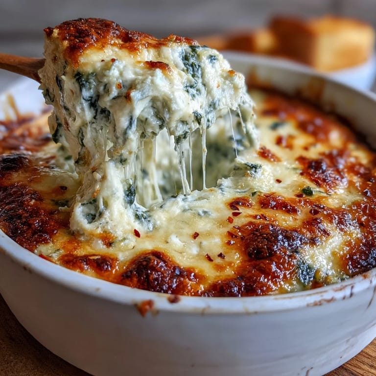 Freshly baked Spinach Artichoke Dip with a golden crust, scooped from a white ceramic dish.