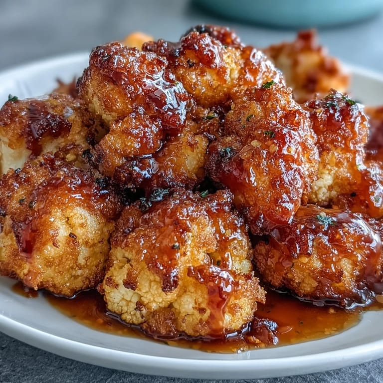 Freshly baked Crunchy Baked Hot Honey Cauliflower with a crispy crust, drizzled in red hot honey glaze.