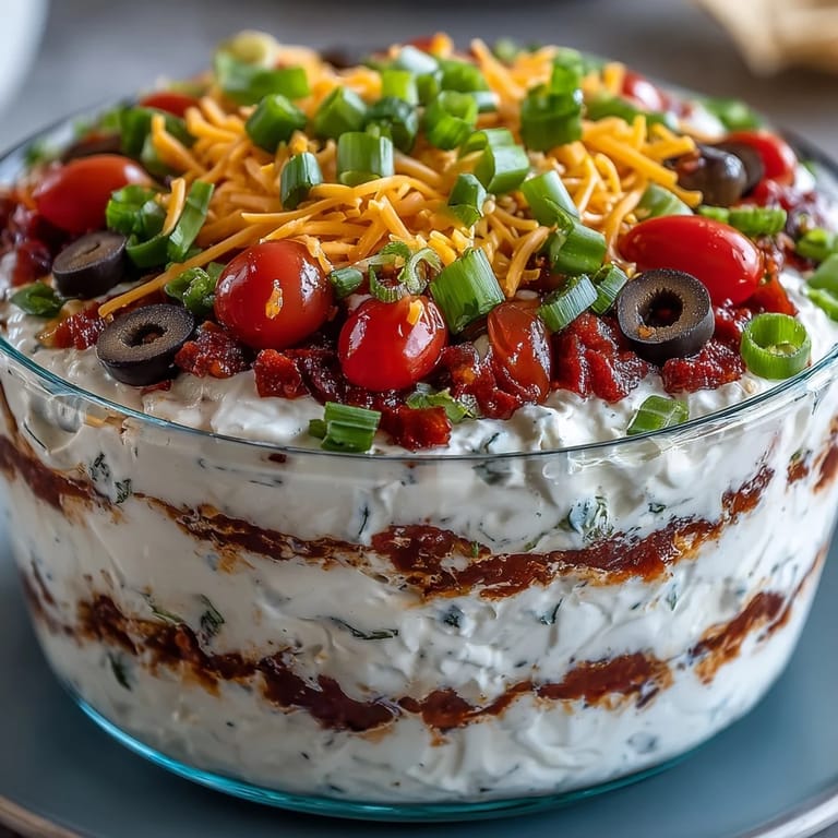 Close-up of a 4-Way Layered Dip scoop with creamy sour cream and refried beans, ready to serve at a game-day gathering.