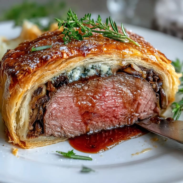 Perfectly sliced Beef Wellington showcasing tender beef, rich mushroom duxelles, and crisp puff pastry on a dinner plate.