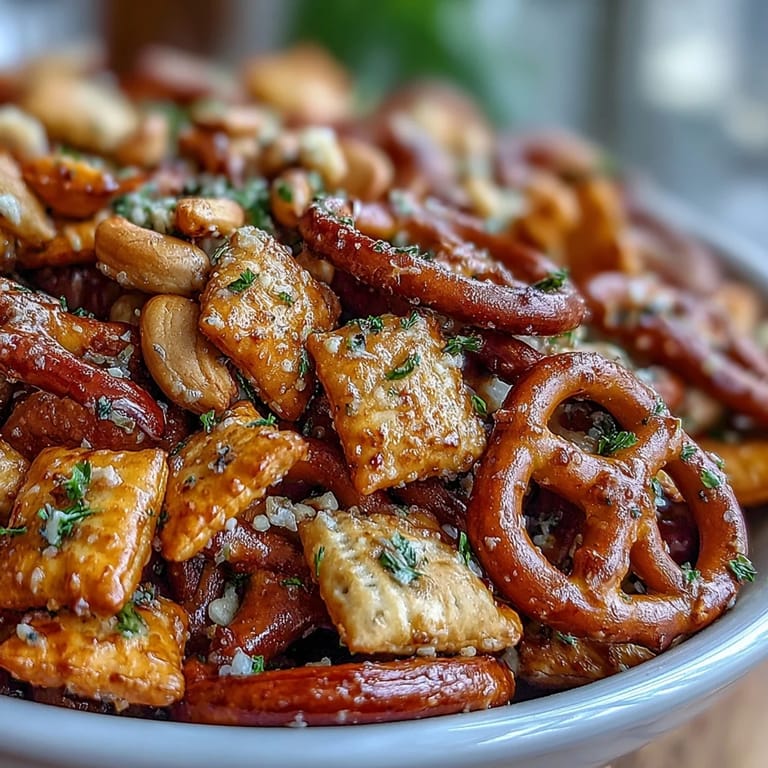 A close-up of a rustic bowl filled with Everything Ranch Cheese and Pretzel Snack Mix, garnished with fresh parsley for serving.