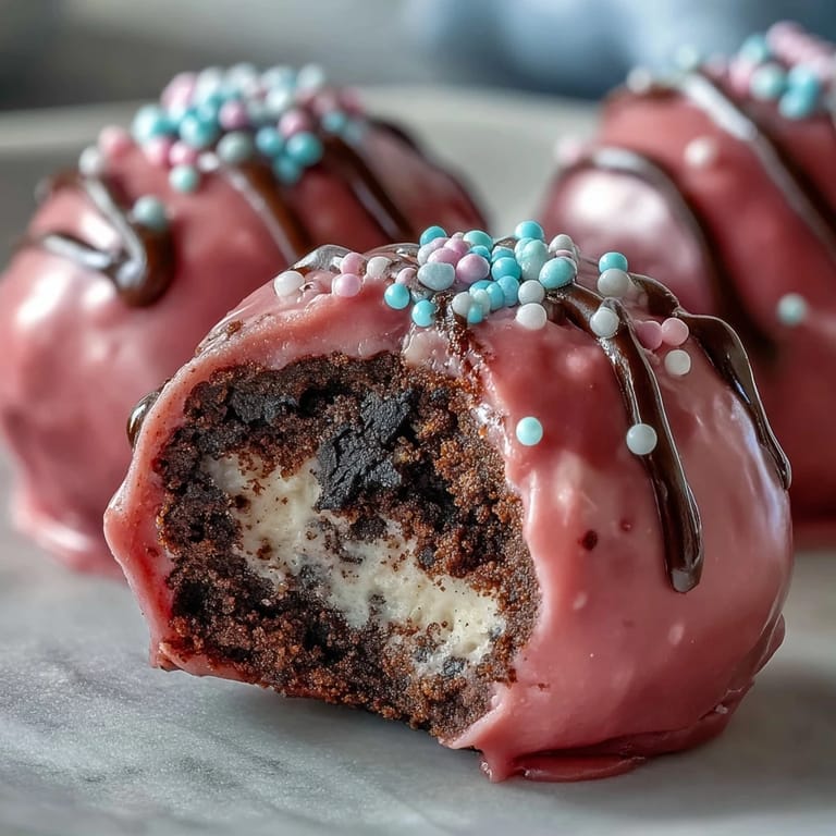 A close-up of a bite-sized Oreo truffle ball revealing its creamy pink candy shell and dark cookie interior.  