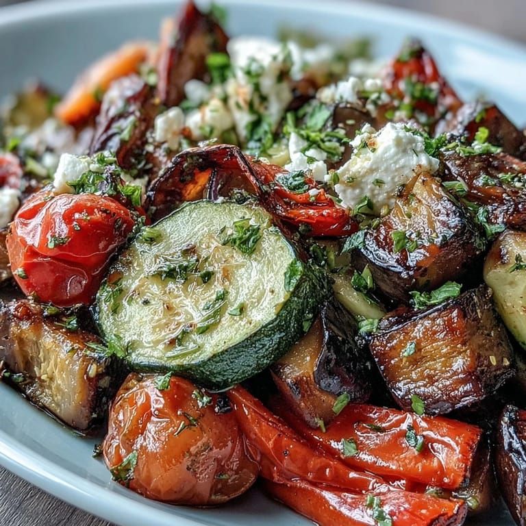 Colorful Roasted Mediterranean Greek Vegetables served warm from the oven with Kalamata olives and lemon on a rustic platter.