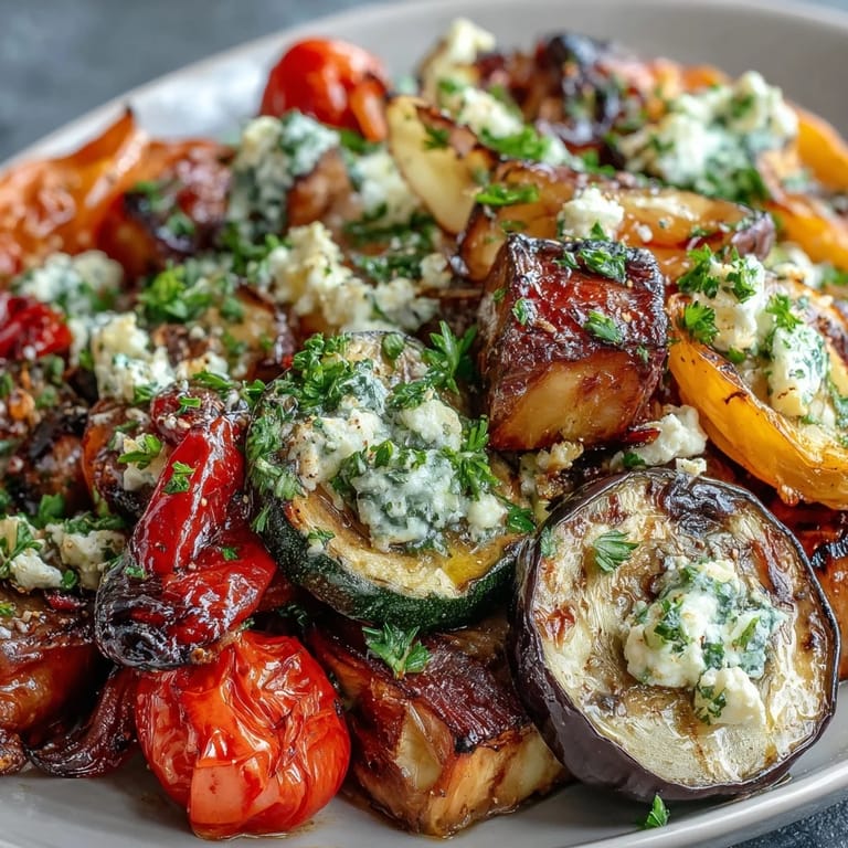 Freshly roasted Roasted Mediterranean Greek Vegetables garnished with crumbled feta and parsley, perfect as a vegetarian dinner side.