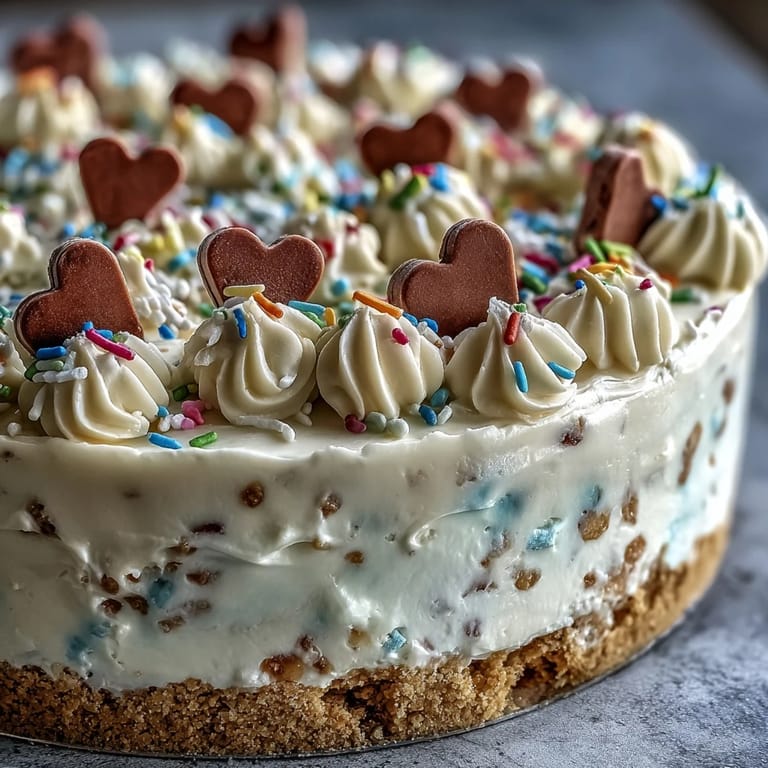 Pastel candy hearts and rainbow sprinkles decorate the creamy cheesecake surface for a festive dessert.