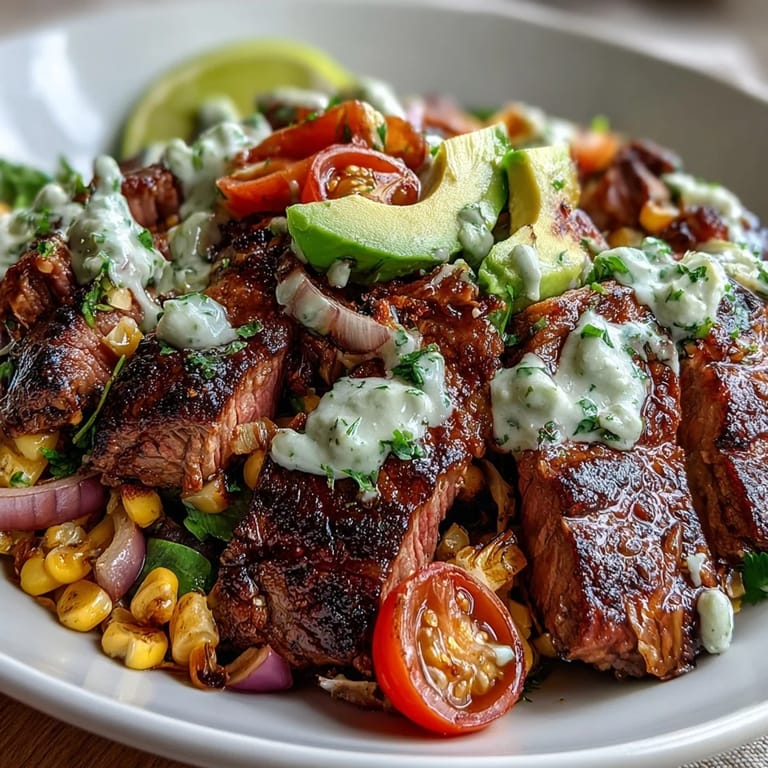 In a warm grain base bowl, juicy steak and creamy avocado mingle with bright lime, red onion, and tomatoes.
