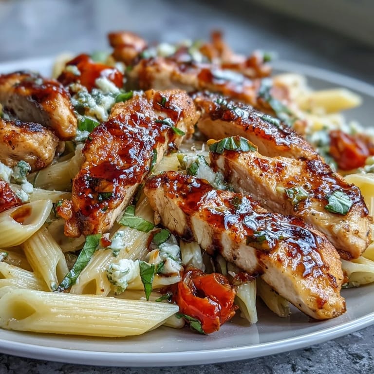 A close-up of Bruschetta Chicken Pasta reveals glossy balsamic glaze, grated Parmesan, and vibrant herbs over steaming pasta in a white serving bowl.
