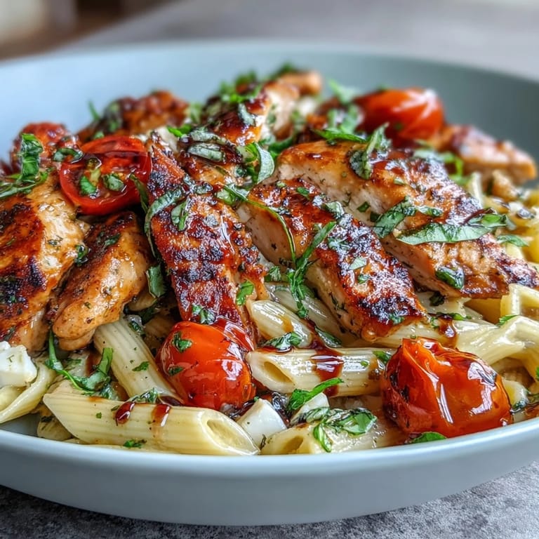 Family-style platter of Bruschetta Chicken Pasta features tender chicken pieces, melted mozzarella, and halved cherry tomatoes, ready to serve for a weeknight dinner.