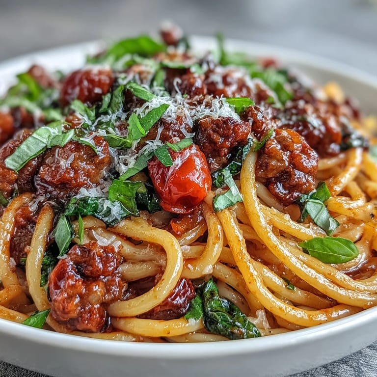 Cheesy Italian Drunken Noodles in a rich red wine and tomato sauce are served in a shallow bowl with crusty bread.