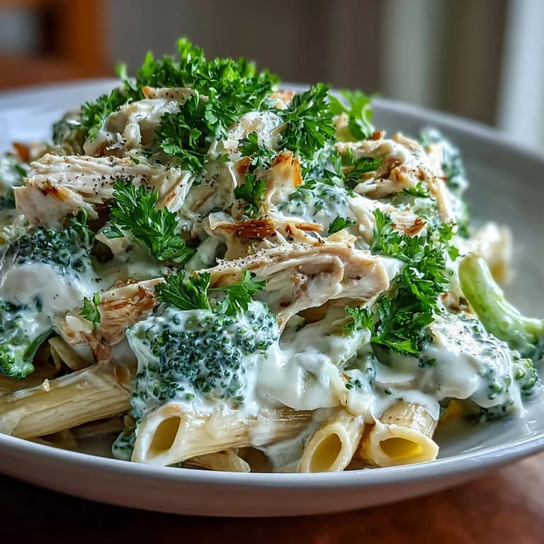 A close-up of High Protein Rotisserie Chicken Broccoli Pasta garnished with fresh parsley and extra Parmesan, served in a white bowl.