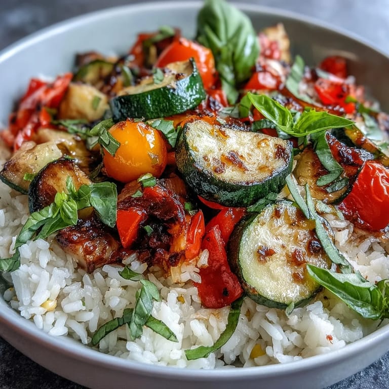 Close-up of a fresh Summer Vegetable Bowl featuring sweet corn, colorful peppers, and torn basil leaves over warm, steaming rice.