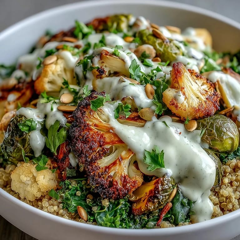 A nourishing, easy vegetarian Roasted Brassica Bowl for dinner, packed with crispy roasted veggies and a zesty tahini dressing, ready to serve warm.