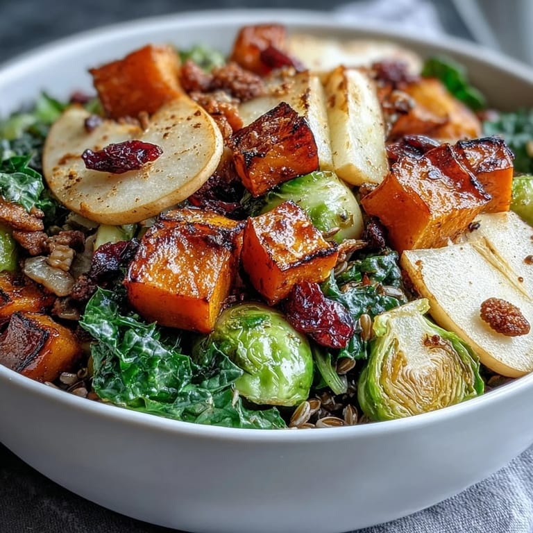A vibrant Fall Vegetable Bowl with caramelized apples, hearty farro, and autumn spices on a cozy dinner plate.  