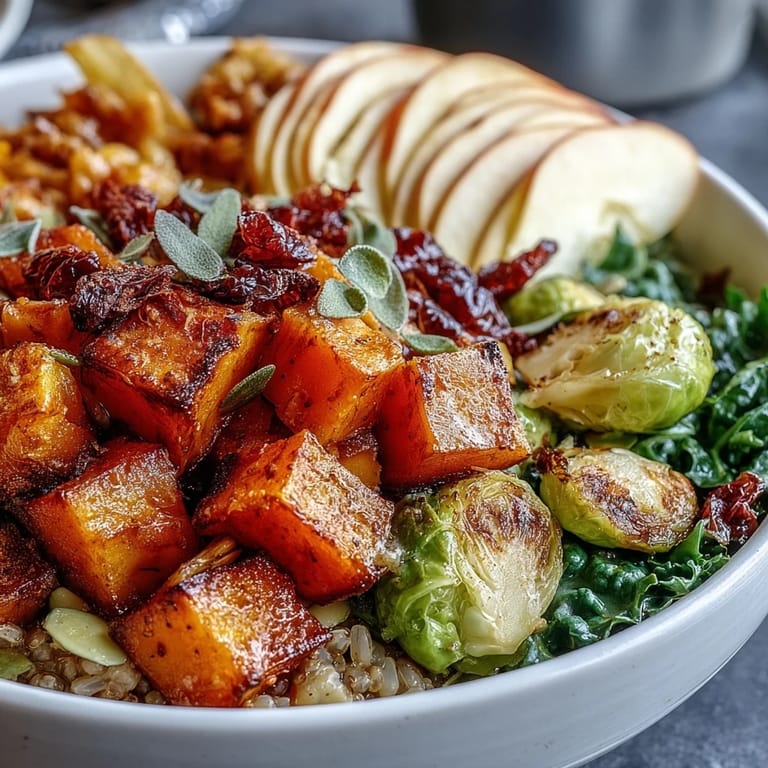 Healthy Fall Vegetable Bowl garnished with dried cranberries and optional feta, served in a rustic ceramic dish.