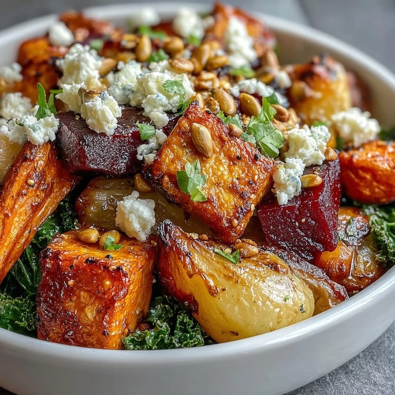 A close-up of the Winter Root Vegetable Bowl shows caramelized vegetables, a drizzle of warm tangy dressing, and crunchy pumpkin seed garnish.