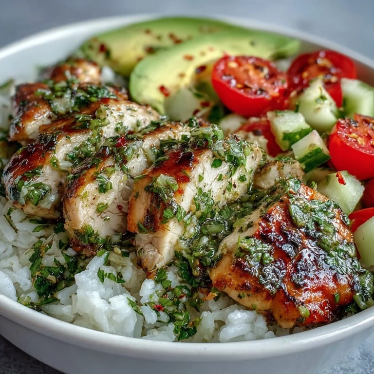Juicy Chimichurri Chicken Bowl with zesty herb sauce, served alongside colorful vegetables and lime wedges for garnish.