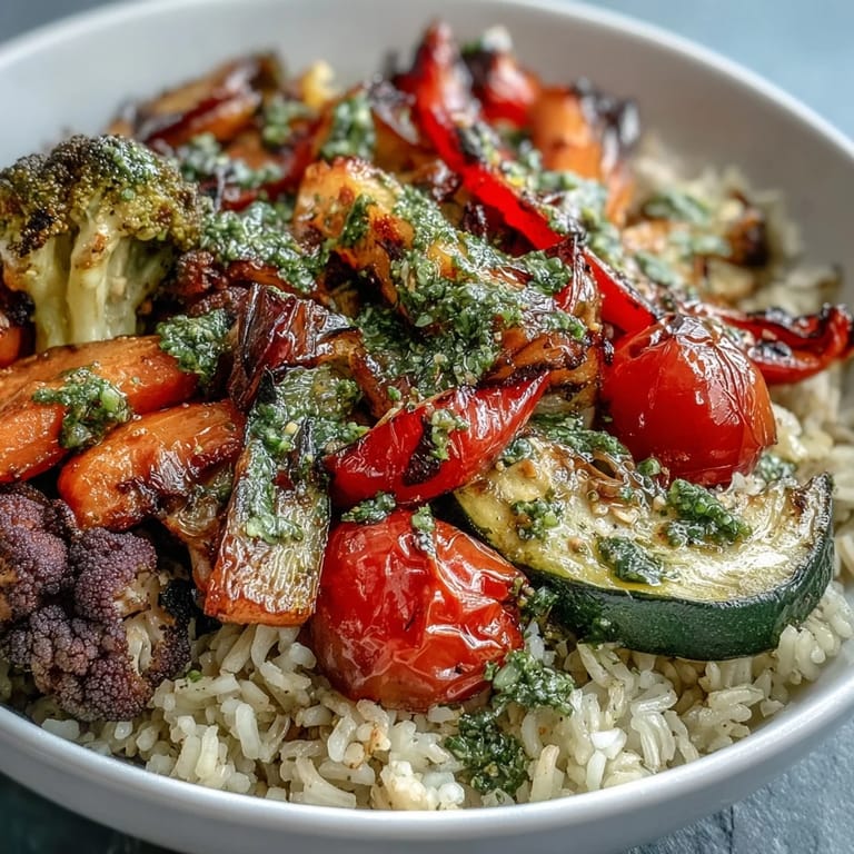 Golden roasted vegetables garnish a hearty Rainbow Roasted Vegetable Bowl served with a drizzle of fresh green sauce.  