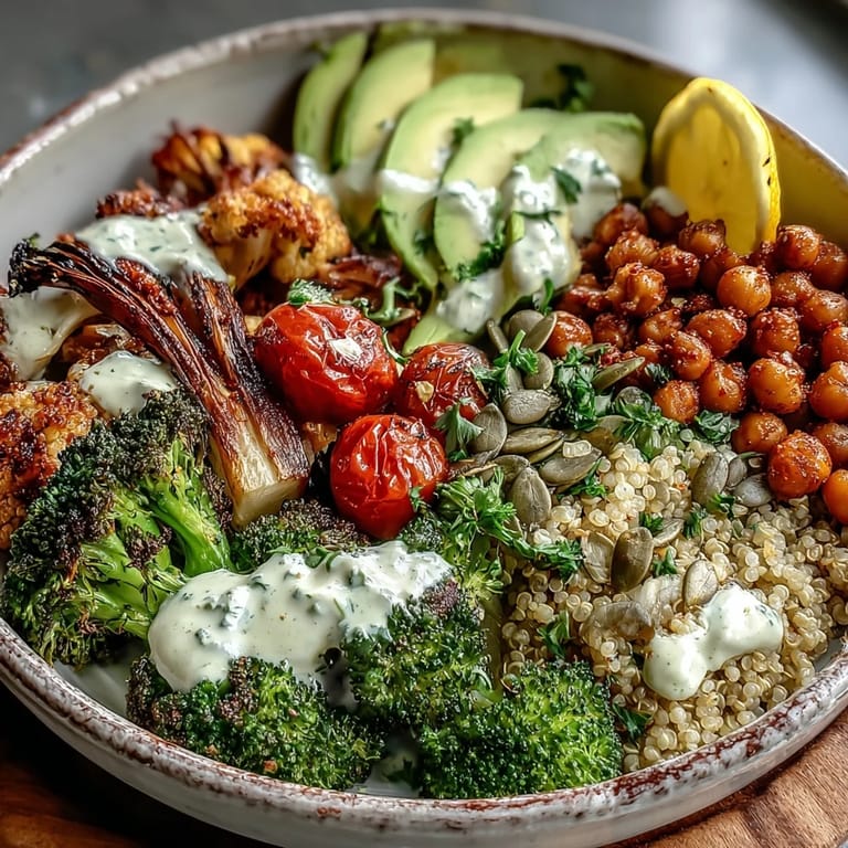 A wholesome serving of the Vegetable and Legume Bowl garnished with fresh parsley, sliced avocado, and toasted pumpkin seeds for added crunch.