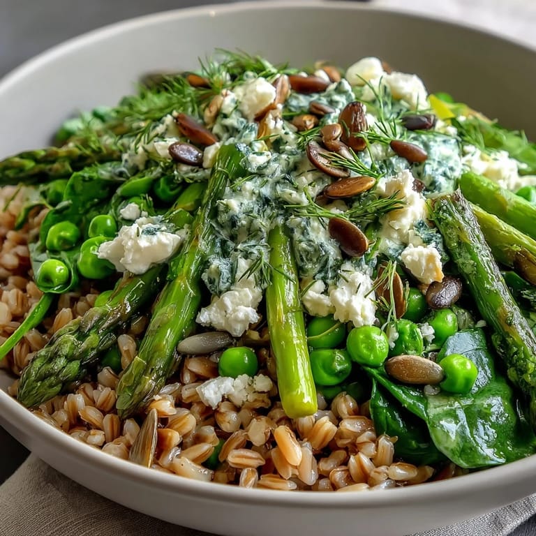 Spring Green Bowl with blanched veggies and herbs over grains, drizzled with lemon dressing and topped with seeds.