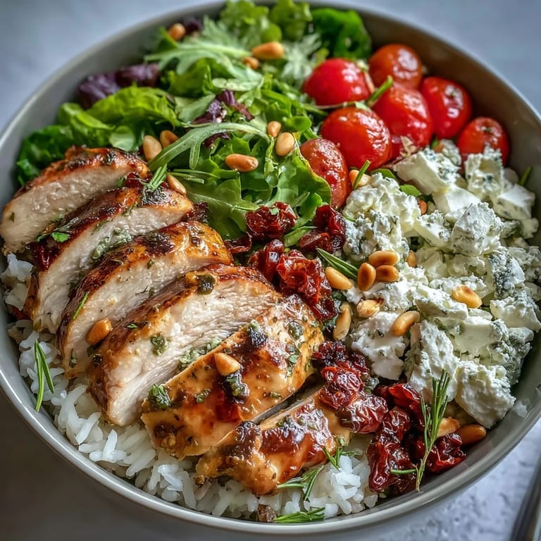 Juicy chicken marinated in sun-dried tomatoes served over rice with crisp greens and cherry tomatoes.  
