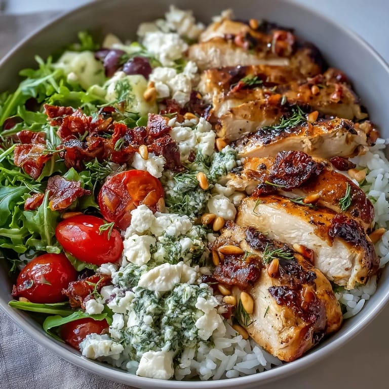 Flavorful sun-dried tomato chicken bowl with herbs, feta, and pine nuts for a Mediterranean-inspired dinner.