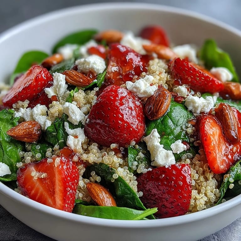 A close-up of strawberry feta quinoa salad featuring creamy feta, sweet strawberries, and crunchy almonds, drizzled with balsamic vinaigrette.  
