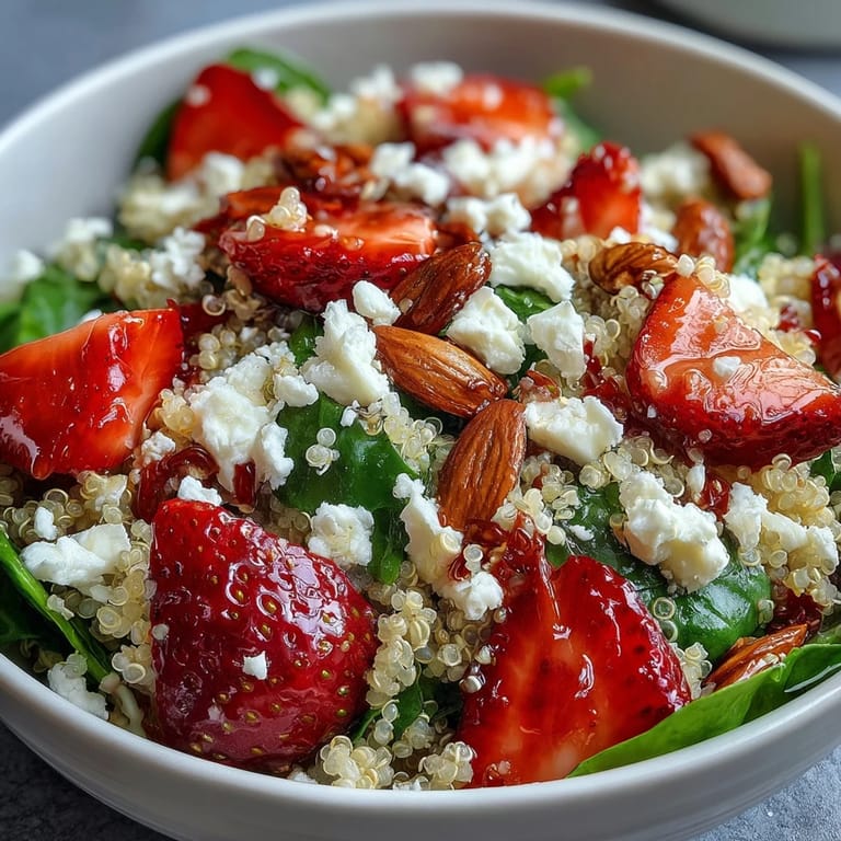 A fresh spring salad of strawberry feta quinoa with baby spinach, red onion, and a glossy balsamic glaze, perfect for lunch or a light dinner.